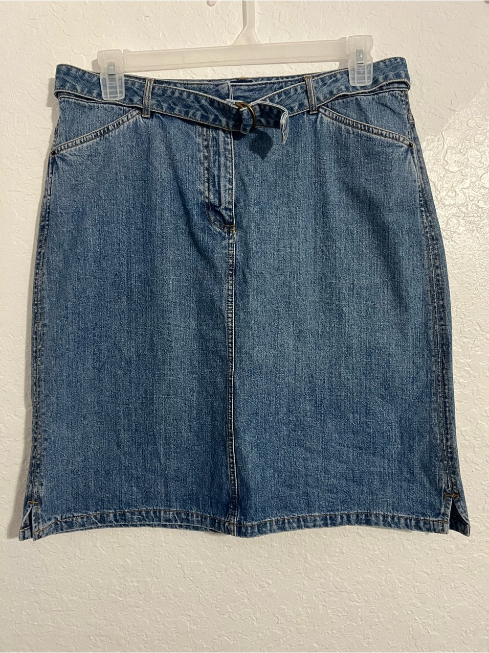 Basic Editions Blue Jean Denim Skirt Belt Button Front Vtg Size 14 Cotton # 851